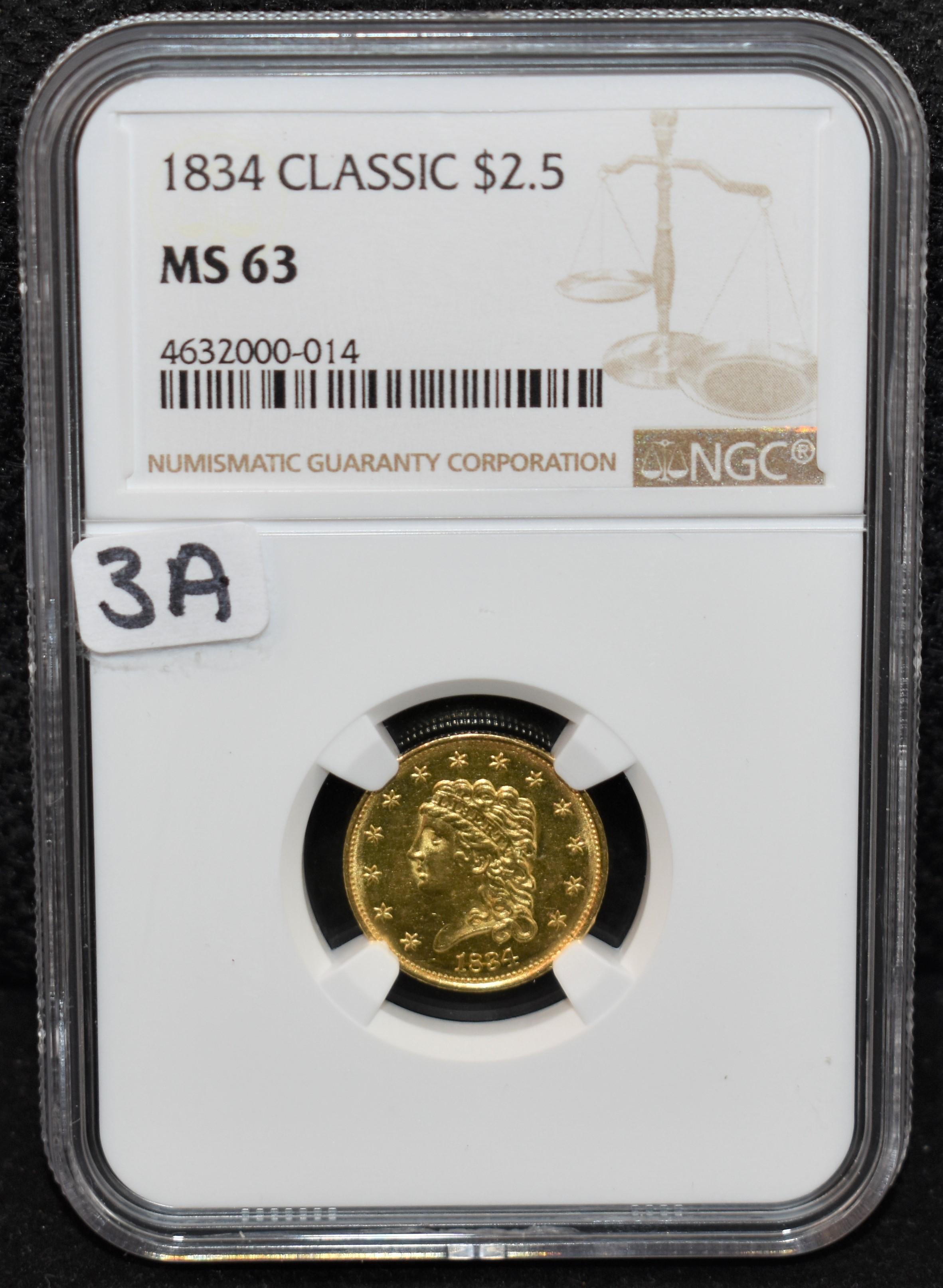RARE 1834 CLASSIC HEAD $2 1/2 GOLD COIN NGC MS63
