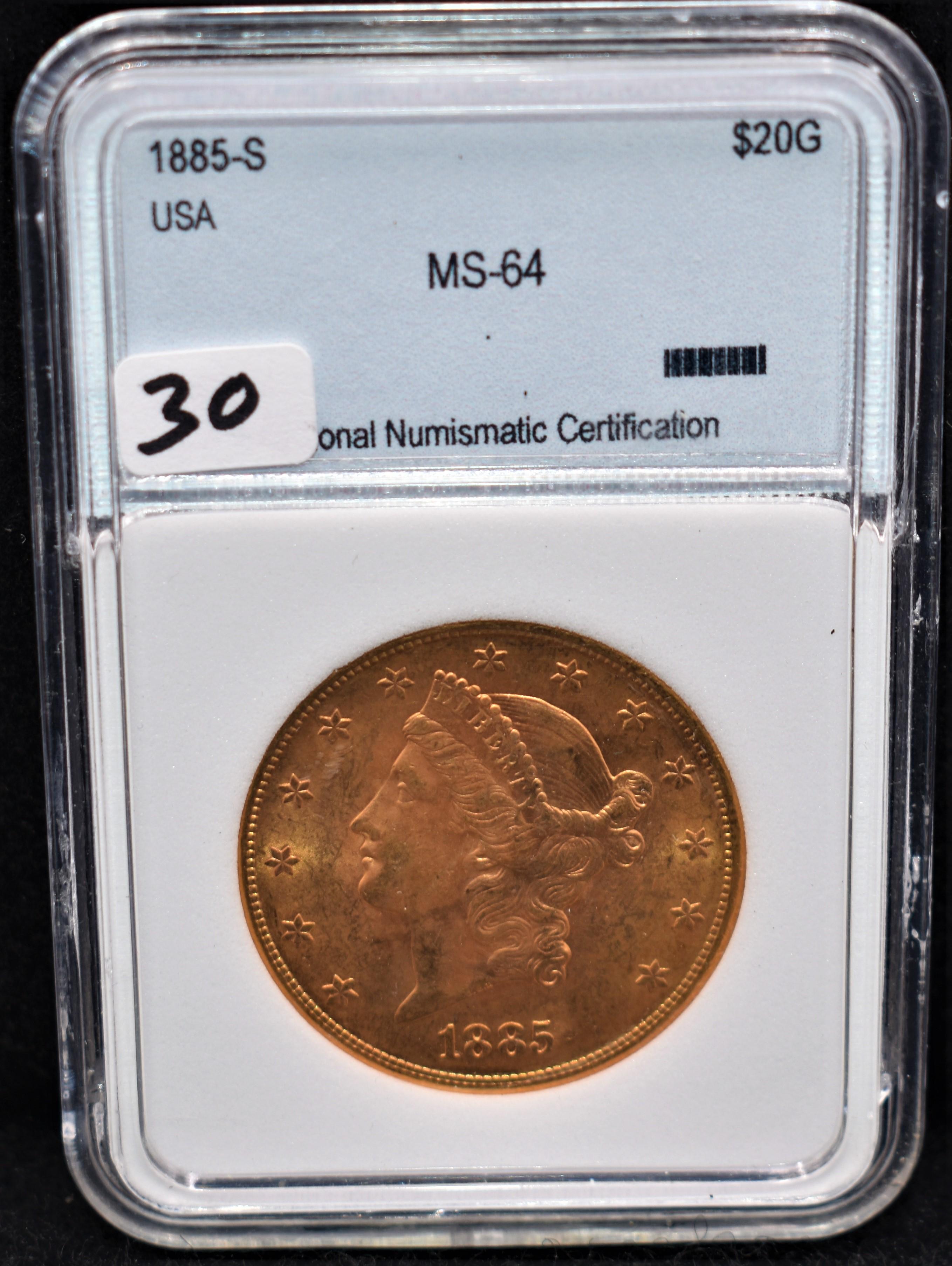 RARE 1885-S $20 LIBERTY GOLD COIN NNC MS64