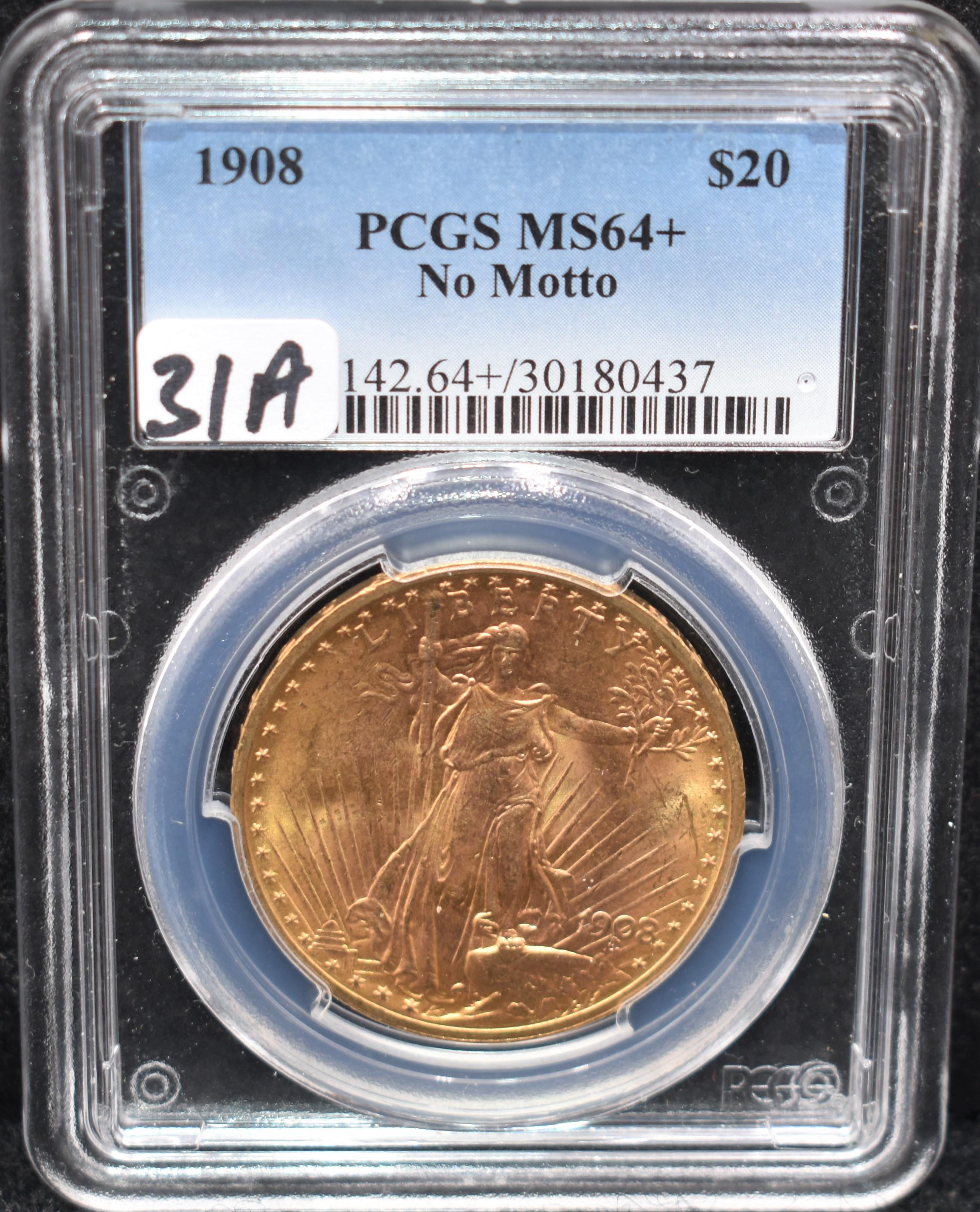 1908 $20 SAINT GAUDENS GOLD COIN PCGS MS64+