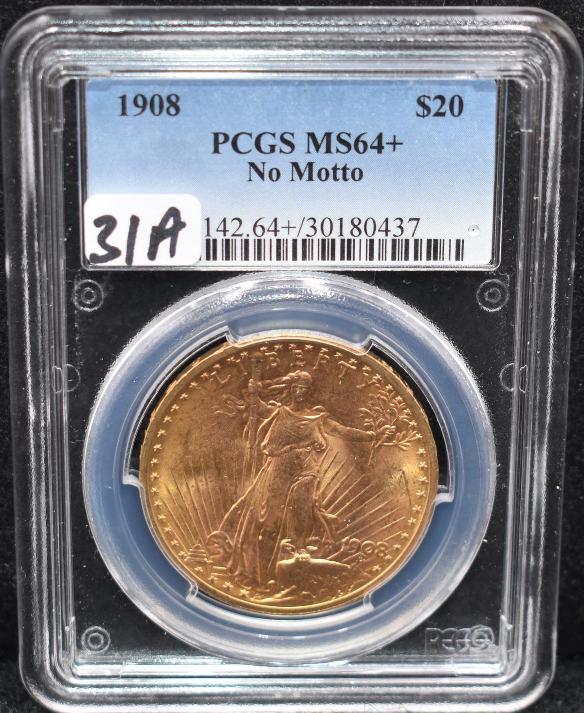 1908 $20 SAINT GAUDENS GOLD COIN PCGS MS64+