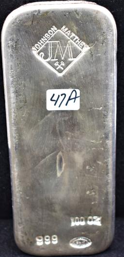 100 0Z JOHNSON/MATTHEY 999 FINE SILVER INGOT