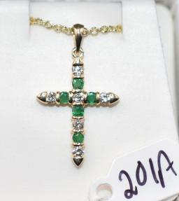 14K YELLOW GOLD DIAMOND & EMERALD CROSS PENDANT