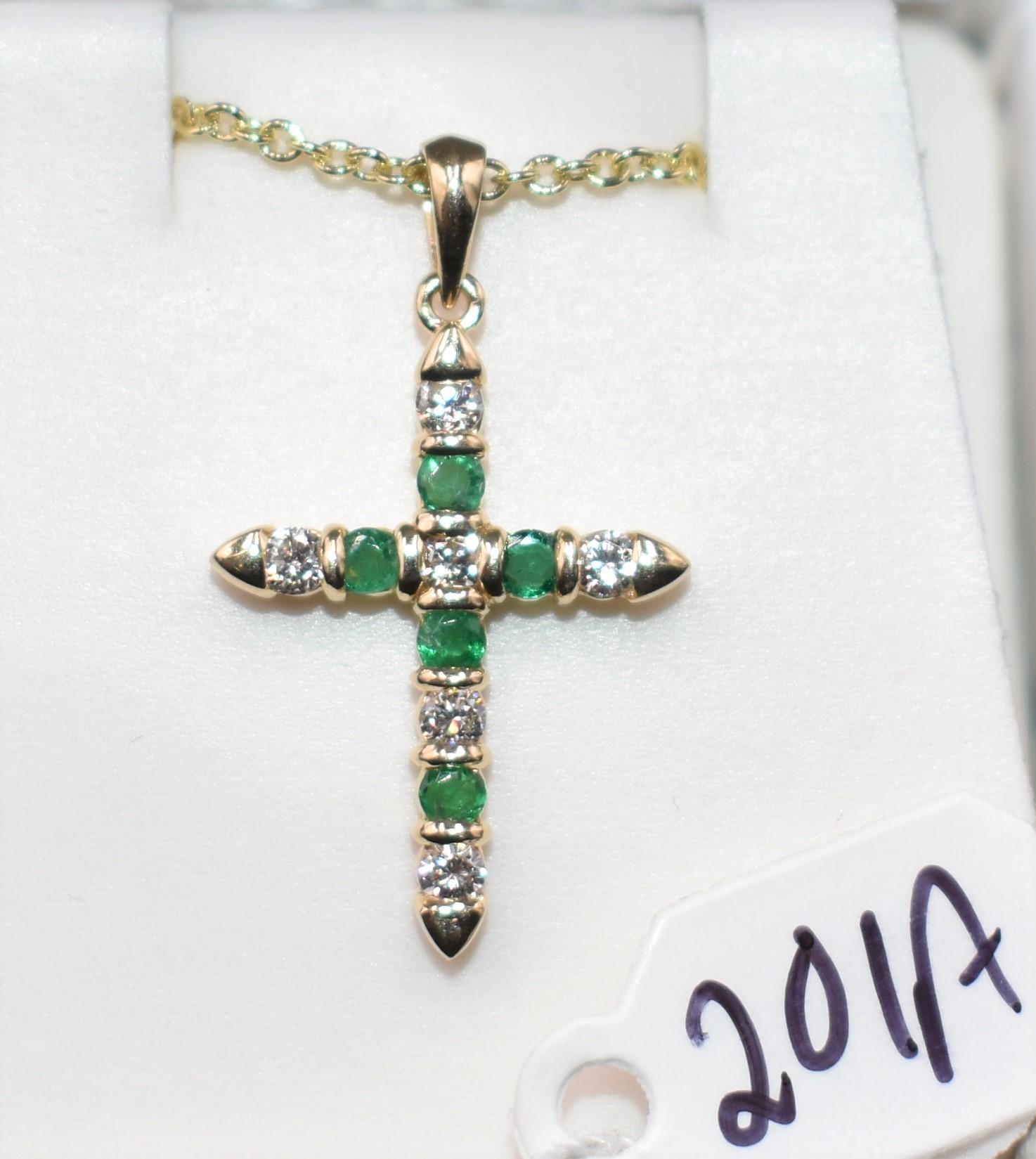 14K YELLOW GOLD DIAMOND & EMERALD CROSS PENDANT