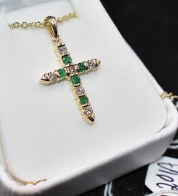 14K YELLOW GOLD DIAMOND & EMERALD CROSS PENDANT