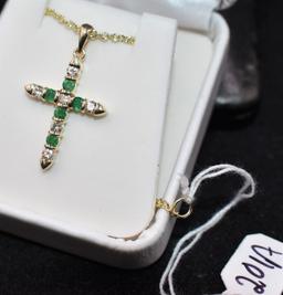 14K YELLOW GOLD DIAMOND & EMERALD CROSS PENDANT