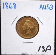 SCARCE 1868 $3 INDIAN HEAD GOLD COIN