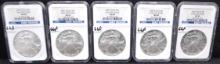 5 EARLY RELEASE MIXED DATE SILVER EAGLES NGC MS69