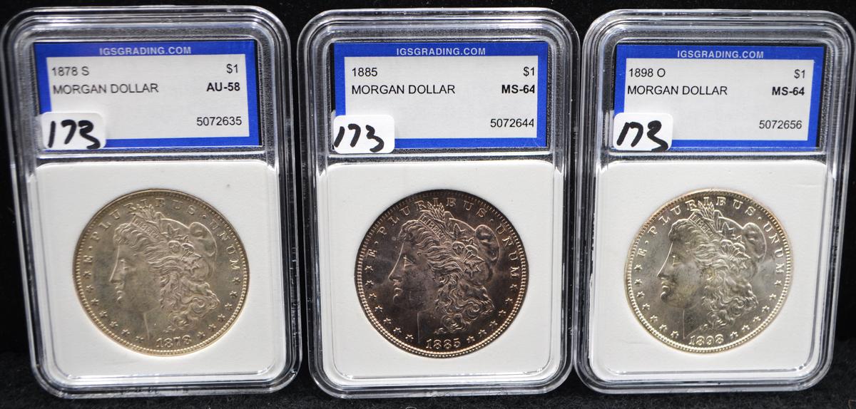 1878-S MORGAN, 1885 MORGAN, 1898-0 MORGAN SLABBED