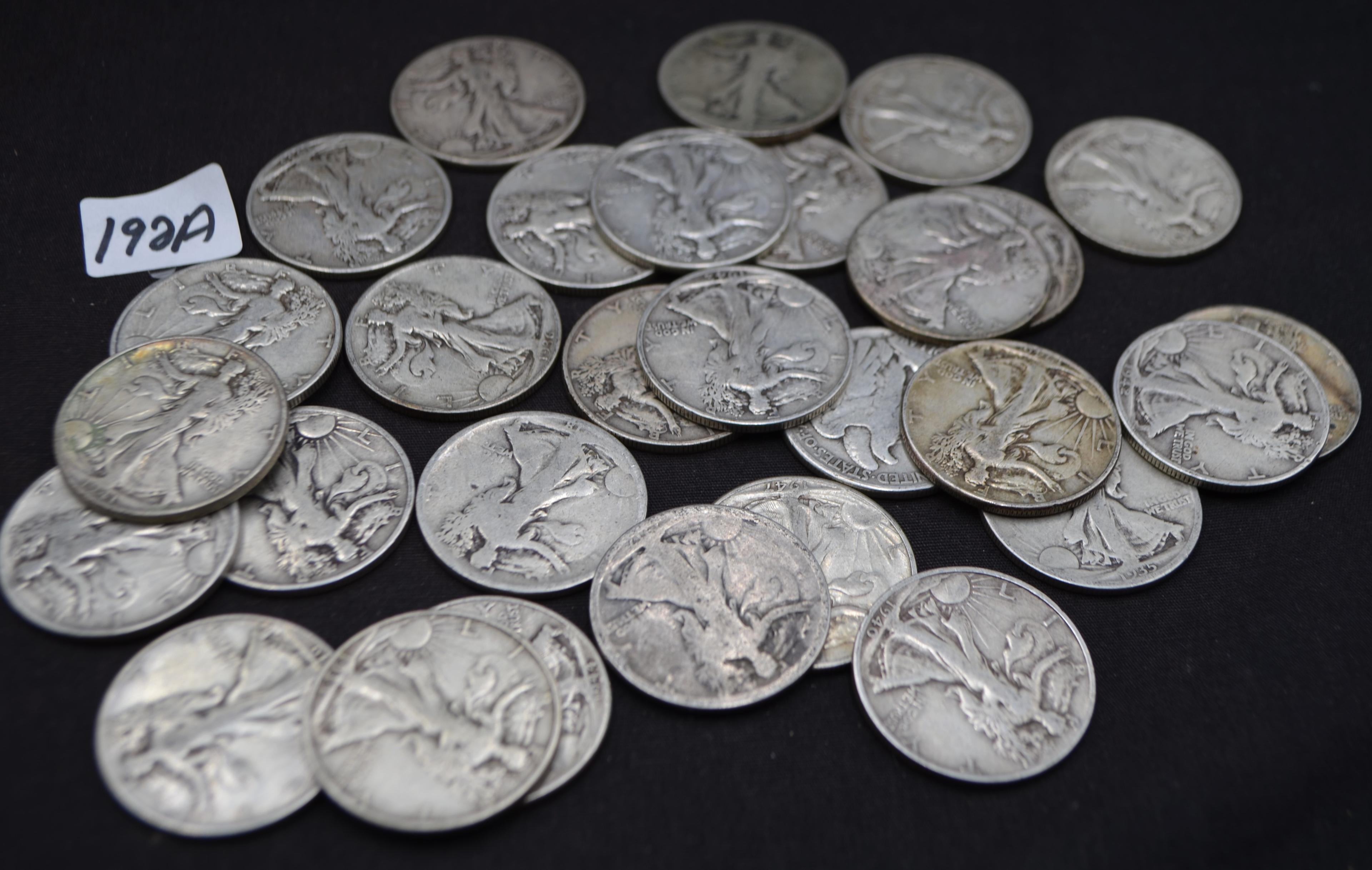 35 MIXED DATE & MINT WALKING LIBERTY HALF DOLLARS