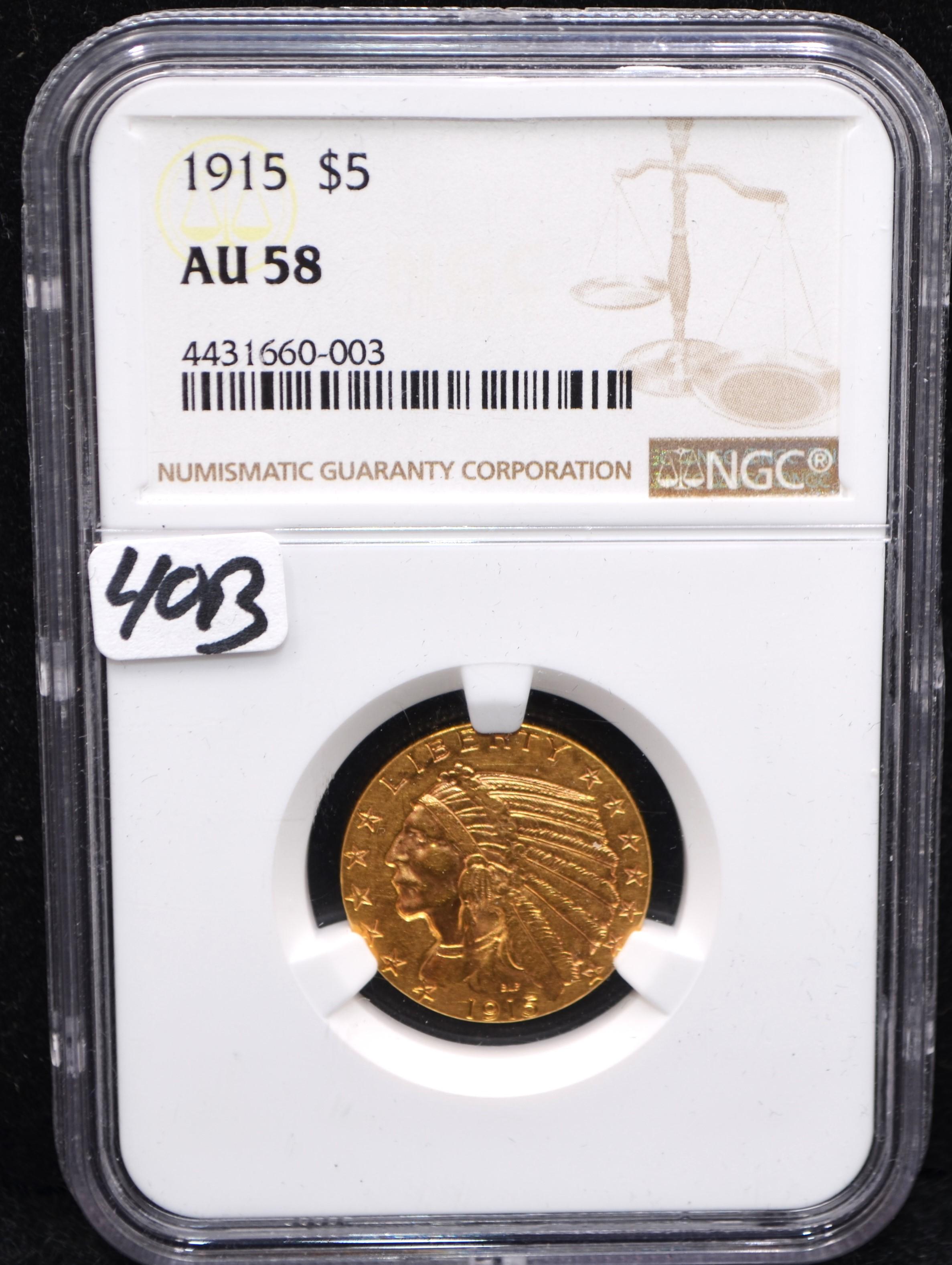 1915 $5 INDIAN HEAD GOLD COIN - PCGS AU58