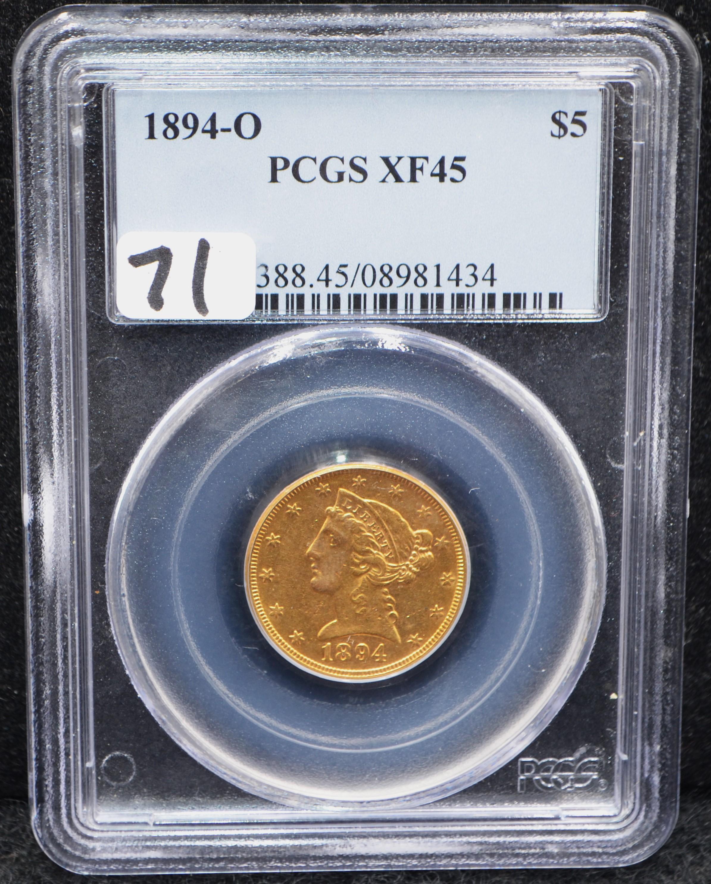 1894-0 $5 LIBERTY HEAD GOLD COIN - PCGS XF45