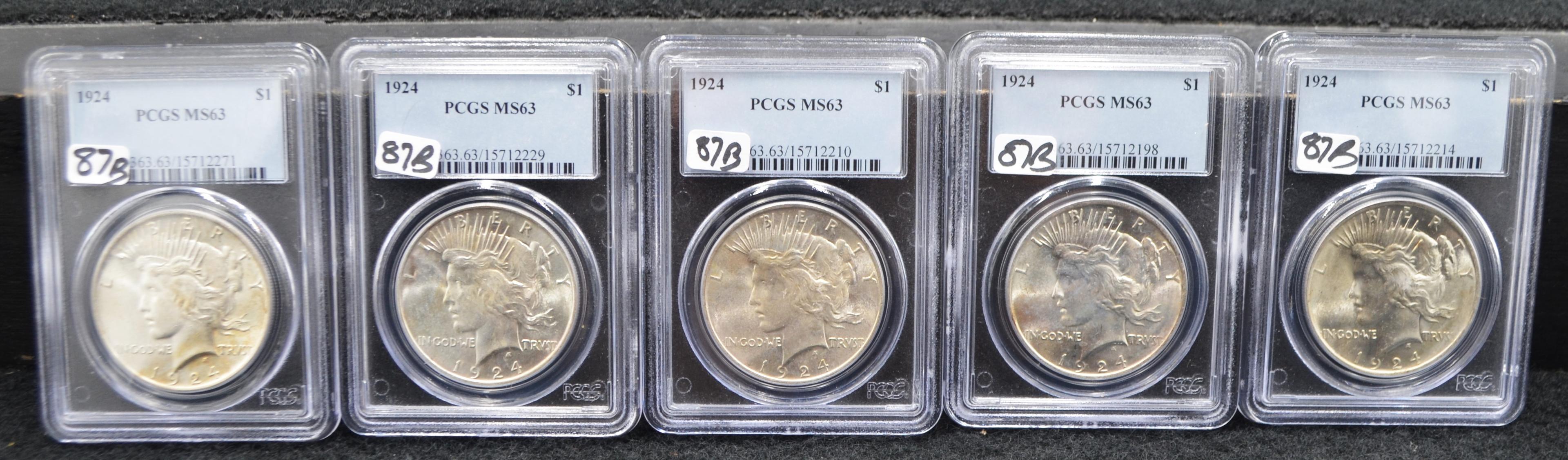 5 1924 PEACE DOLLARS - PCGS MS63