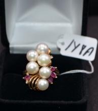 PEARL, DIAMOND & RUBY 14K YELLOW GOLD RING