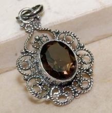 4 CT NATURAL SMOKY TOPAZ STERLING FILIGREE PENDANT