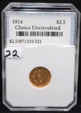 HIGH GRADE 1914 $2 1/2 INDIAN HEAD GOLD COIN