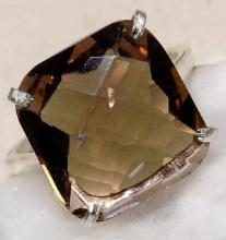 4 CT CUSHION NATURAL SMOKEY TOPAZ STERLING RING