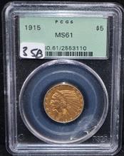 1915 $5 INDIAN HEAD GOLD COIN - PCGS MS61