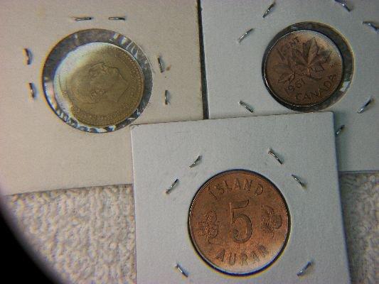 1961 Canada 1 Cent, 1966 Una Peseta, 1965 Aurar Island 5 Aurar