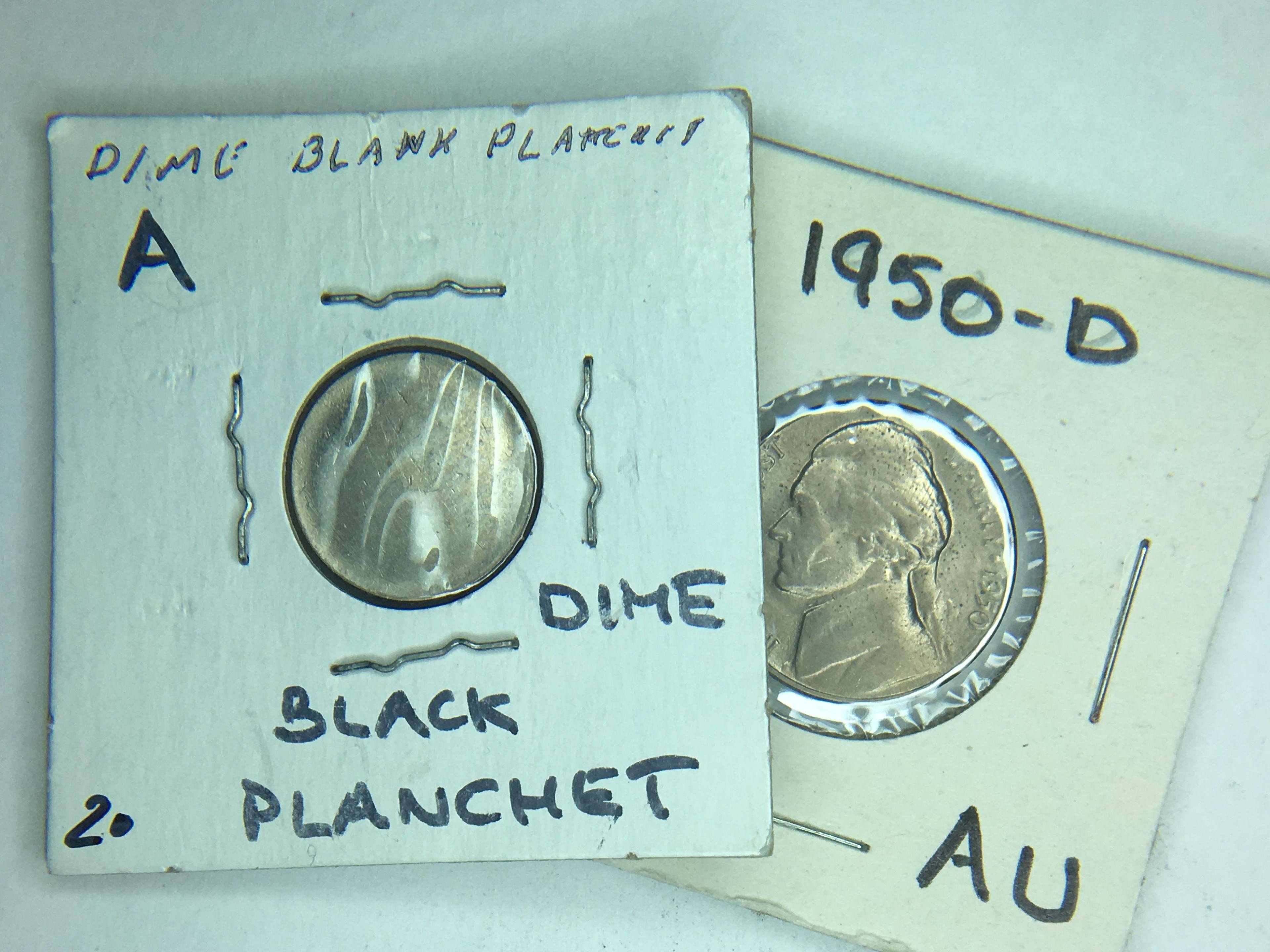 1950 D Jefferson Nickle, Blank Die Dime Planchet