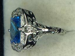 .925 Sterling Silver Ladies 4 Carat Blue Topaz Filigree Ring