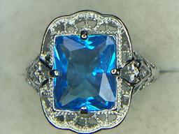 .925 Sterling Silver Ladies 4 Carat Blue Topaz Filigree Ring