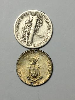 Mercury Silver Dime 1938 And Silver 1944 Ten Centavos Coin