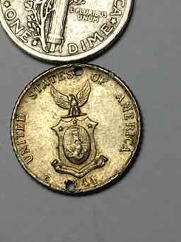 Mercury Silver Dime 1938 And Silver 1944 Ten Centavos Coin