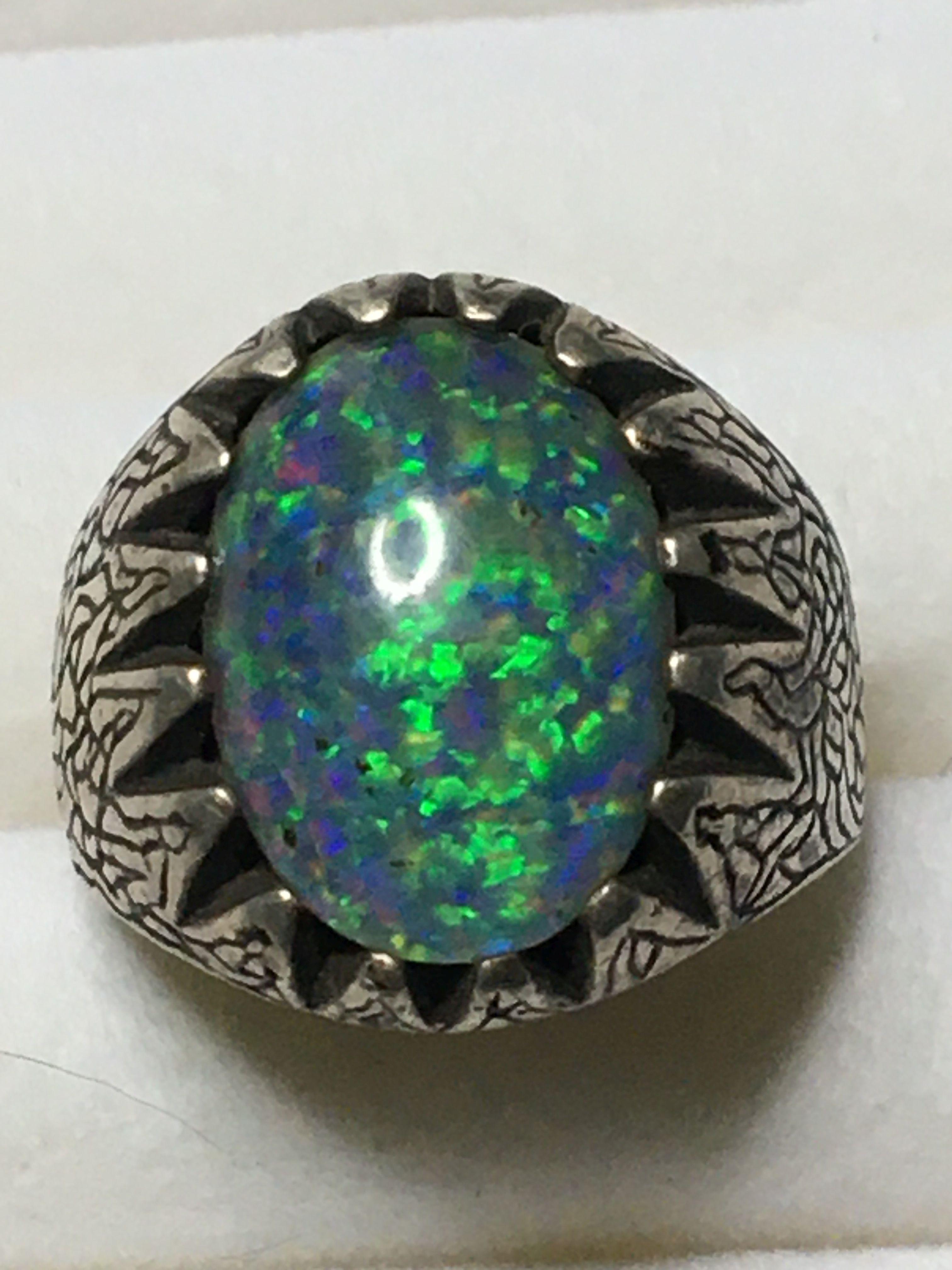 Sterling Silver Rainbow Natural Opal Ring Huge 5ct+ 10.3 Grams Vintage Size 10.5 Stamped 925