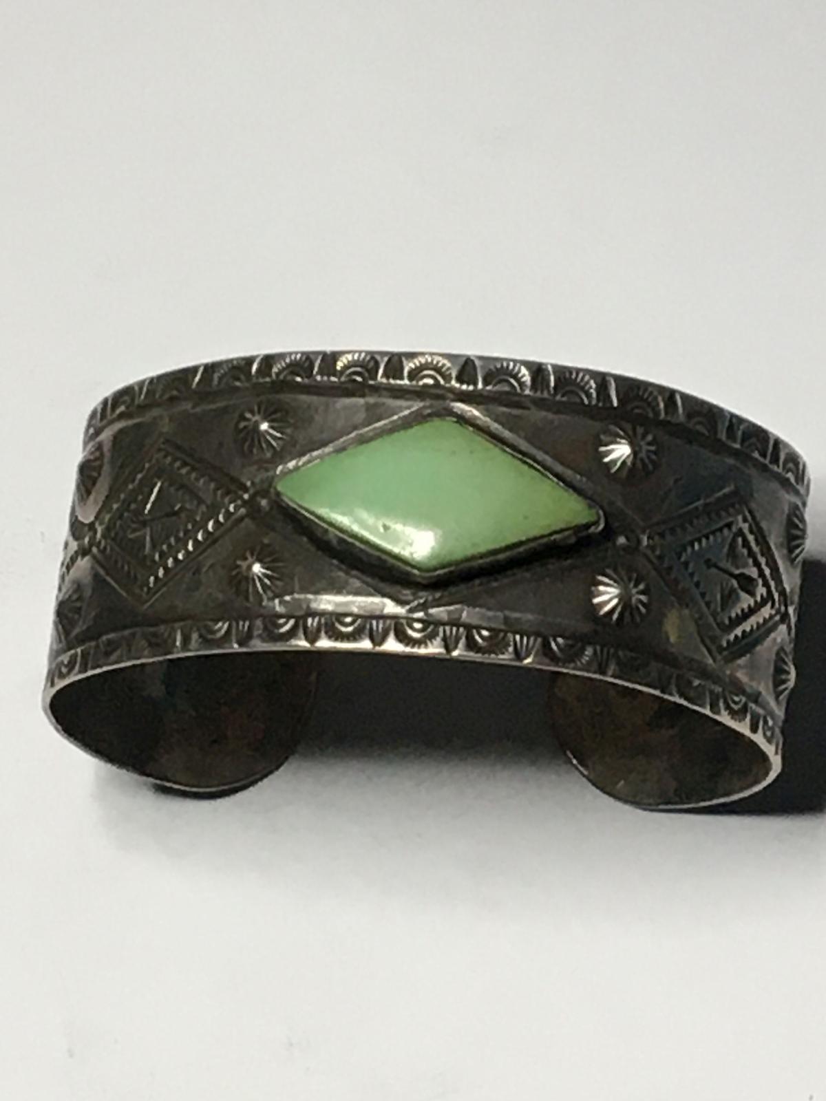Sterling Silver Antique Native Bangel Bracelet Turquise Inlay 40+ Grams Rare Piece $$$$