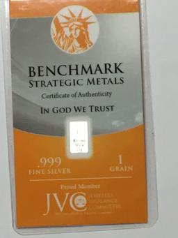 Silver Bar .999 Fine 1 Grain In Certified Bench Mark Holder