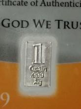 1 Grain Silver Bar Benchmark Sealed  Carded .999 Fine