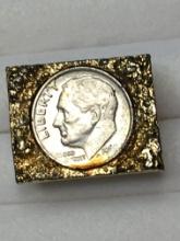 Gold Nugget Style 24 Kt Plated Cuff Link With Roosevelt Dime Inlay 1965