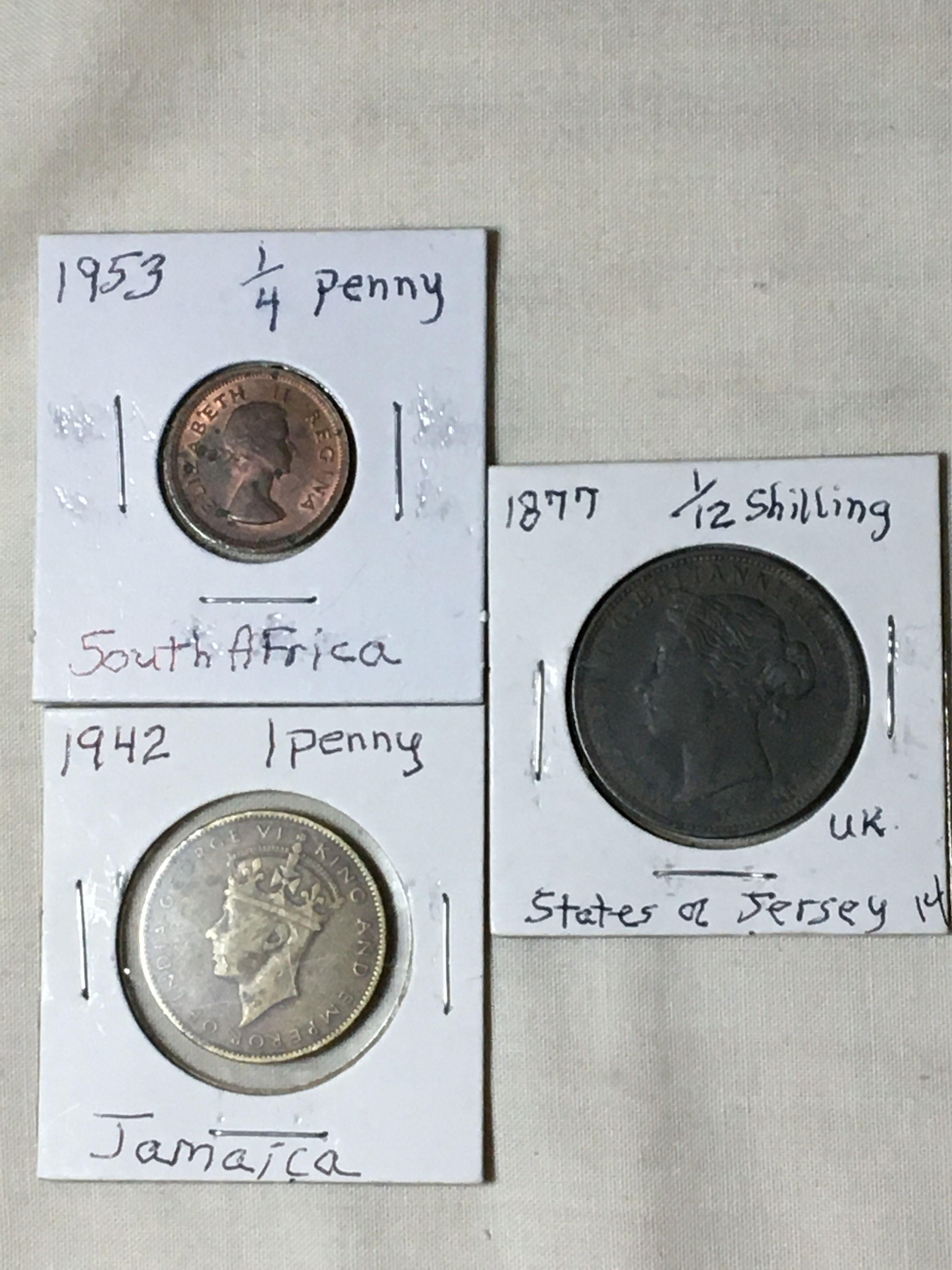 (3) Coins, 1877 1/12 Shilling States Of Jersey, 1942 1 Penny Jamaica, 1953 1/4 Penny South Africa