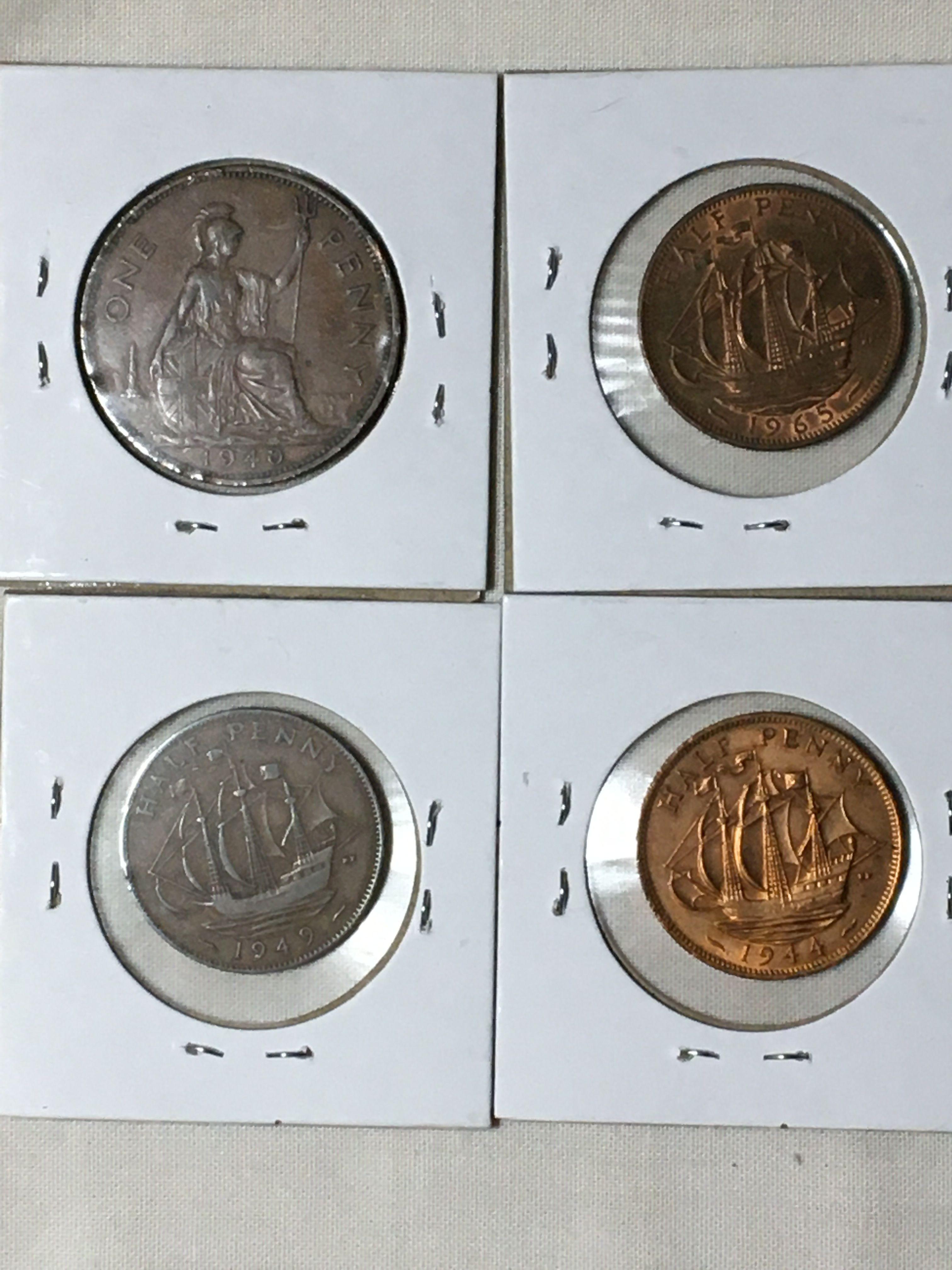 (4) Great Britian 1944, 1949, 1965 1/2 Penny, 1940 1 Penny