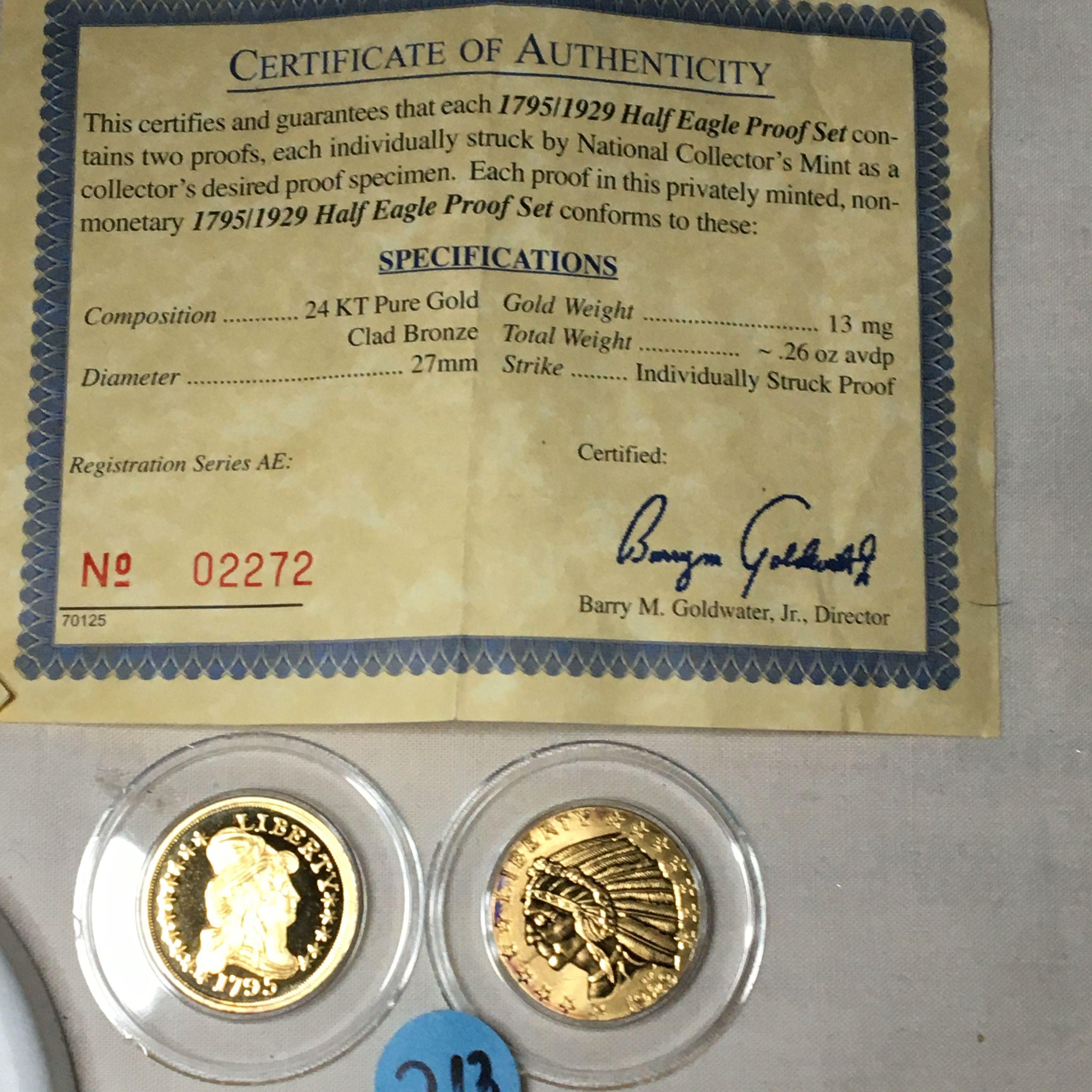 24kt Pure Gold Clad Bronze 1795 & 1929 Eagle Proof