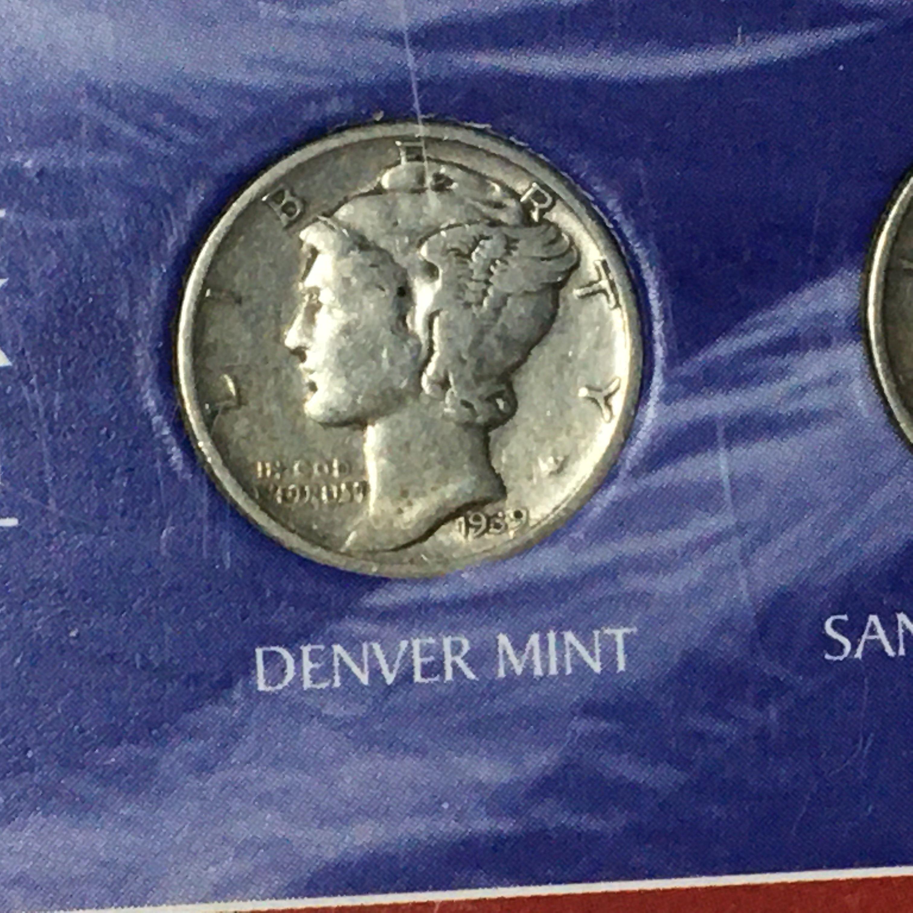 Silver Mercury Dime Display 1942 P,1939 D, & 1942 S Mints