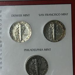 Silver Mercury Dime Display 1942 P,1939 D, & 1942 S Mints