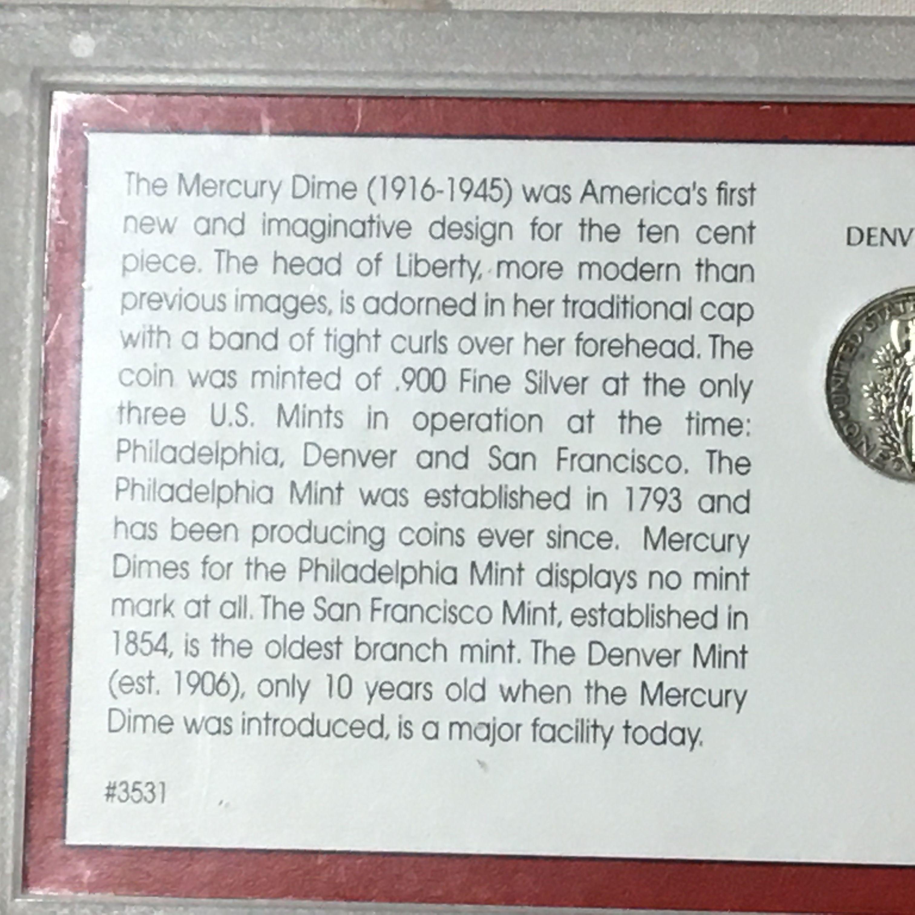 Silver Mercury Dime Display 1942 P,1939 D, & 1942 S Mints