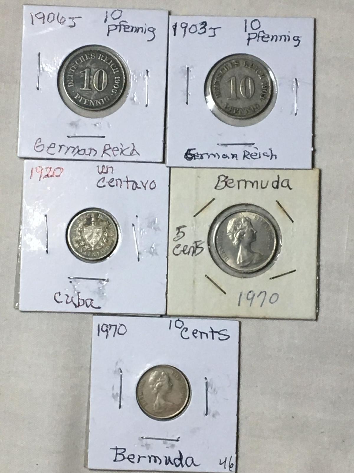 (5) Foreign Coins Bermuda, Germany, Cuba