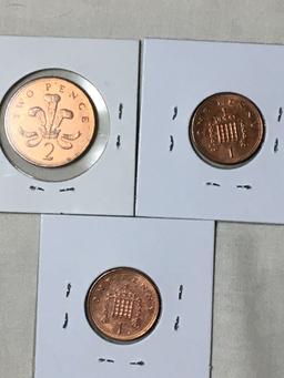 (3) United Kingdom Coins 1 Penny, 2 Pence