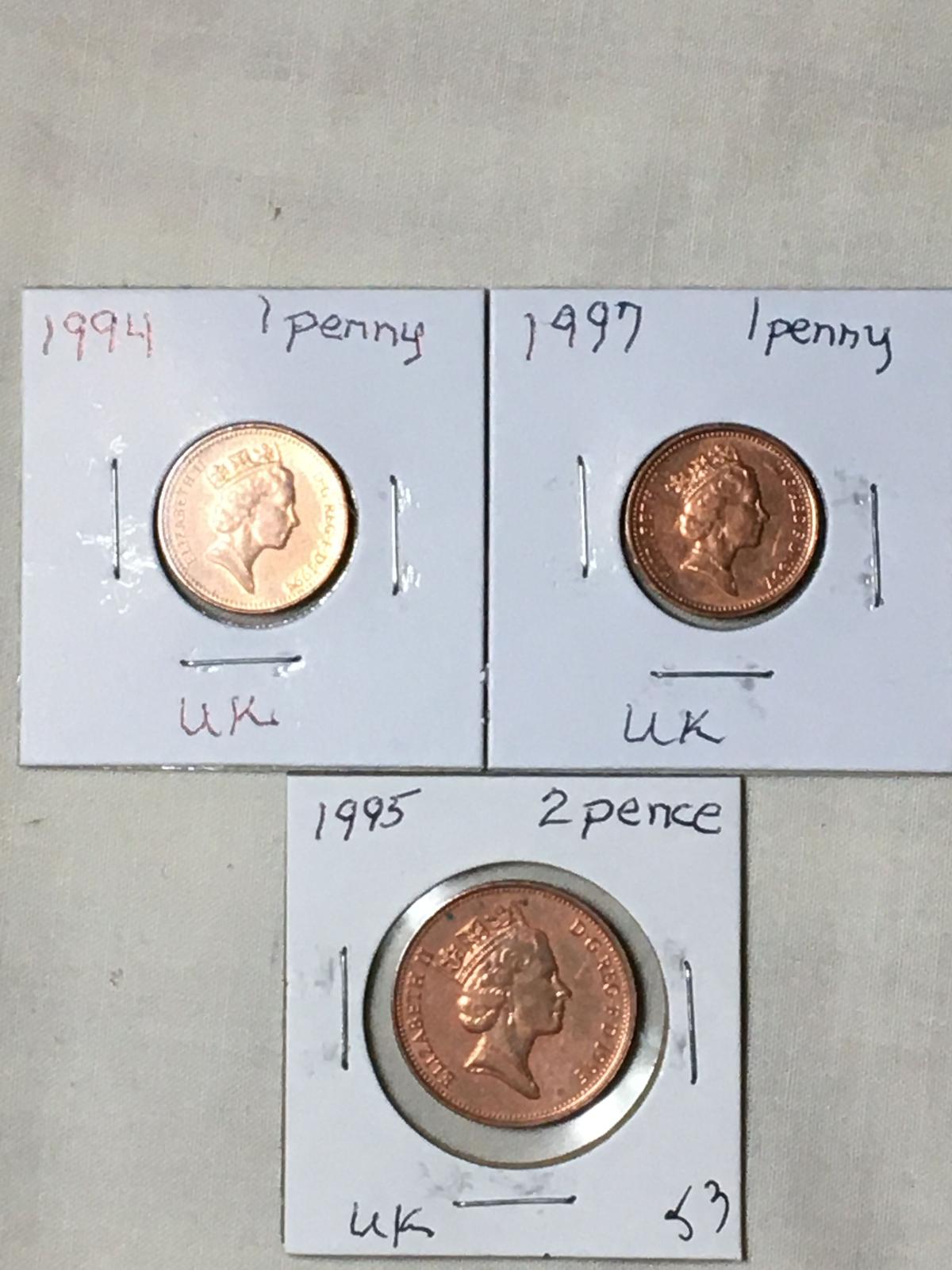 (3) United Kingdom Coins 1 Penny, 2 Pence