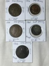 (5) Great Britian 1862, 1916 1/2 Penny & 1866, 1914, 1920 1 Penny