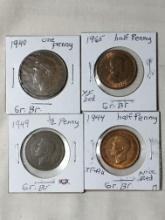 (4) Great Britian 1944, 1949, 1965 1/2 Penny, 1940 1 Penny