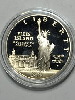 1986 S Proof $1 Silver Ellis Island & Half Dollar