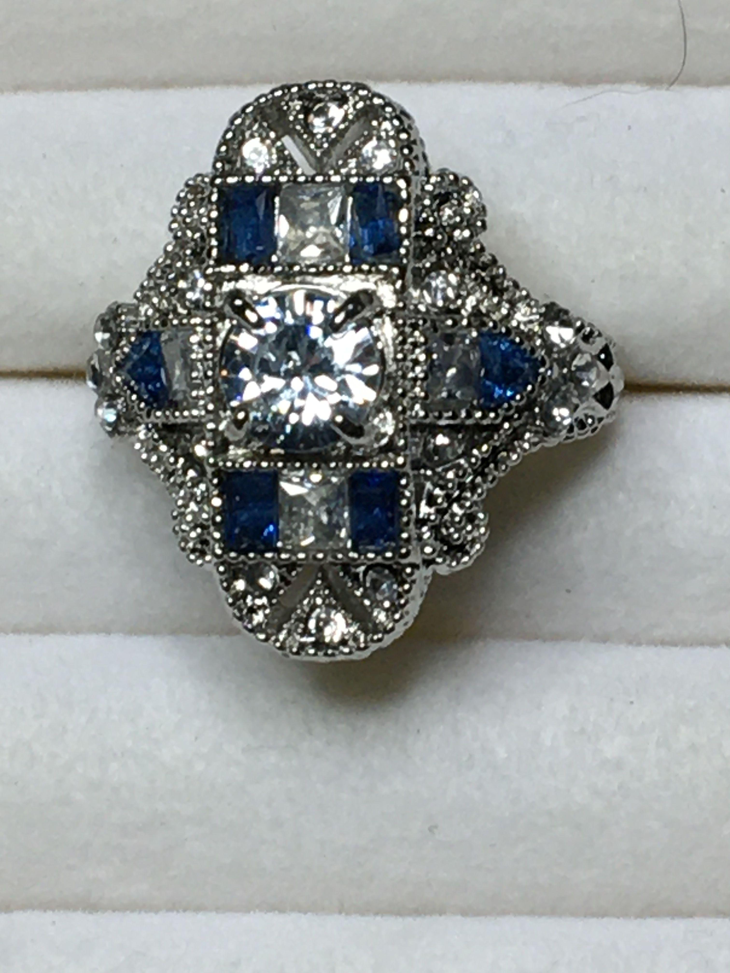 .925 Sterling Silver Ladies Art Deco Sapphire Ring