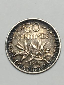 1918 France 50 Centimes Silver