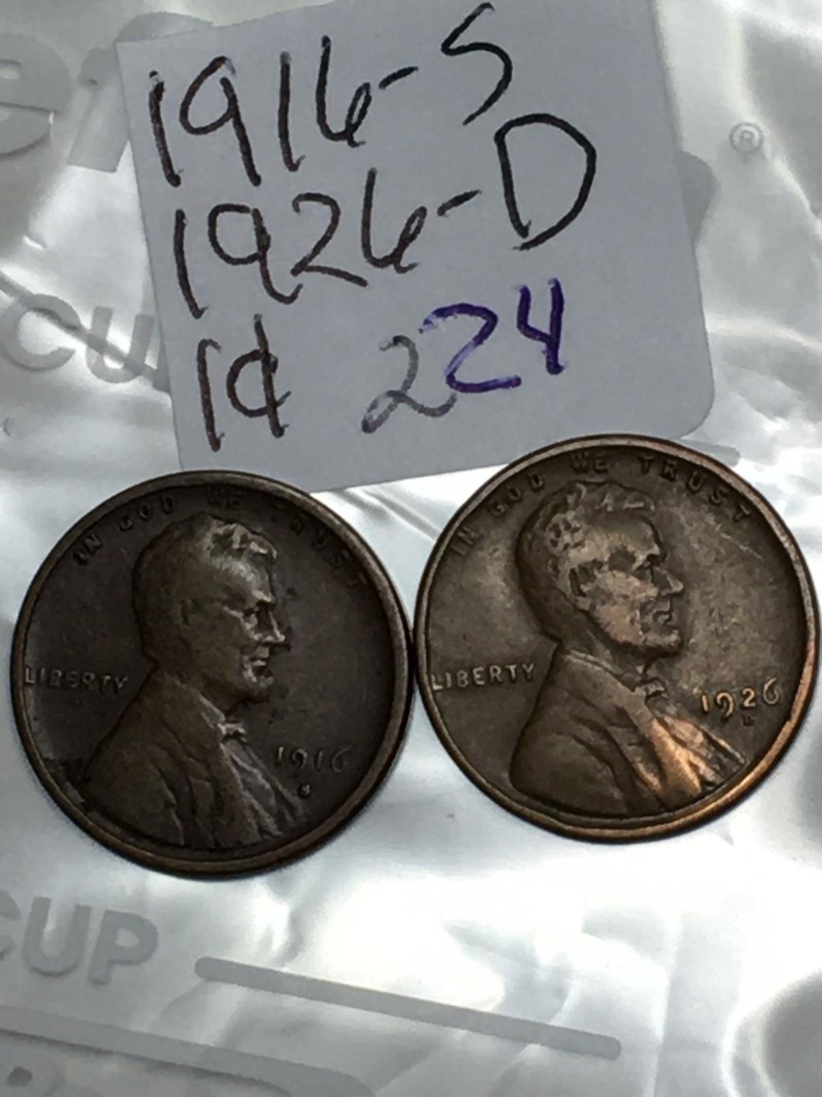 (2) Lincoln Wheat Cent 1916 S, 1926 D