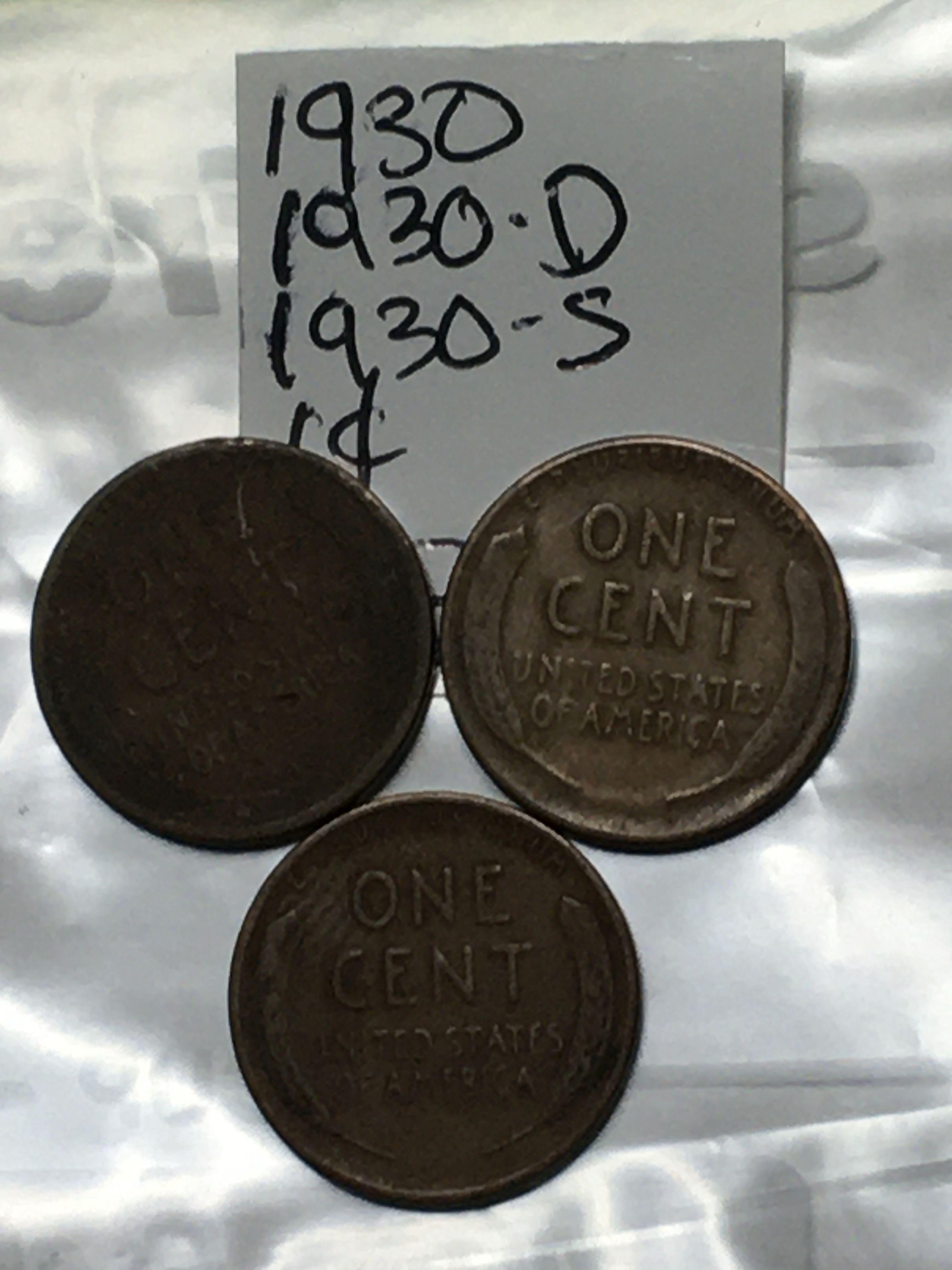 (3) Lincoln Wheat Cent 1930 P, D, & S