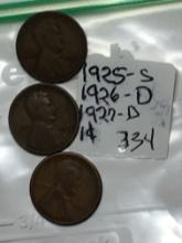 (3) Lincoln Wheat Cent 1925 S, 1926 D, 1936 S