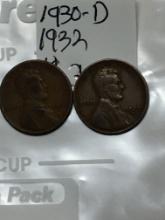 (2) Lincoln Wheat Cent 1930 D, 1932 P